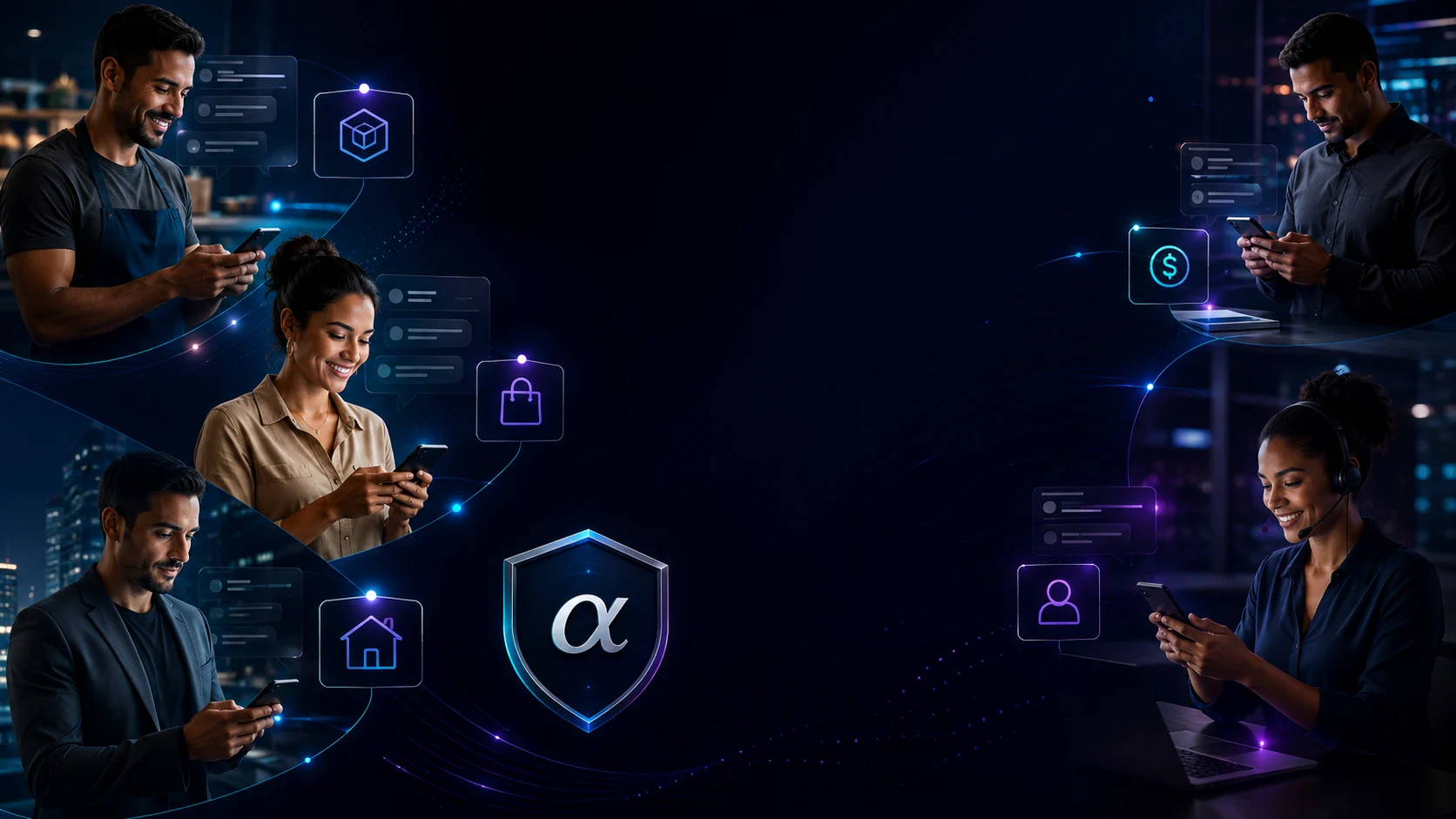 Diferentes profissionais que vendem por conversa — comércio, serviços, atendimento — conectados pelo Método Alfa