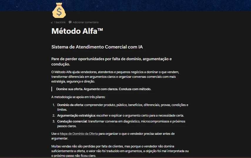 Captura real da página inicial do Método Alfa organizada no Notion